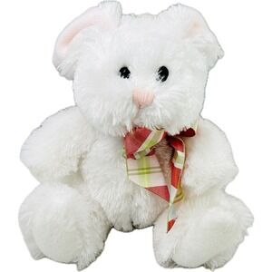 Hallmark‎ White Furry Easter Bunny 8" Plush Pink Ears Plaid Ribbon NWT